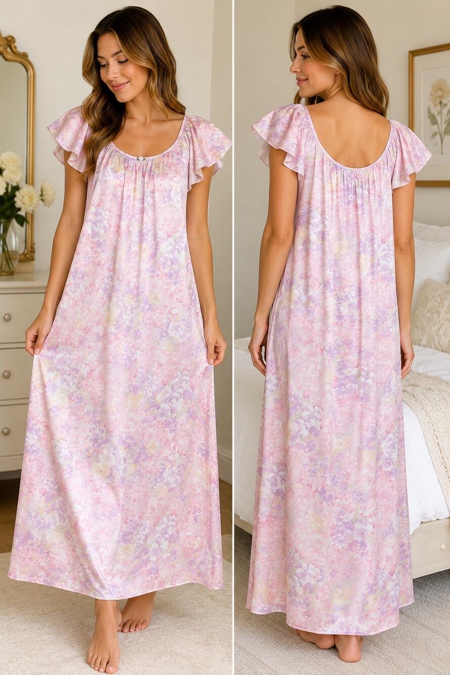 Silk Essence by Miss Elaine Nightgown L Pink Floral Flutter Sleeve Long Gown